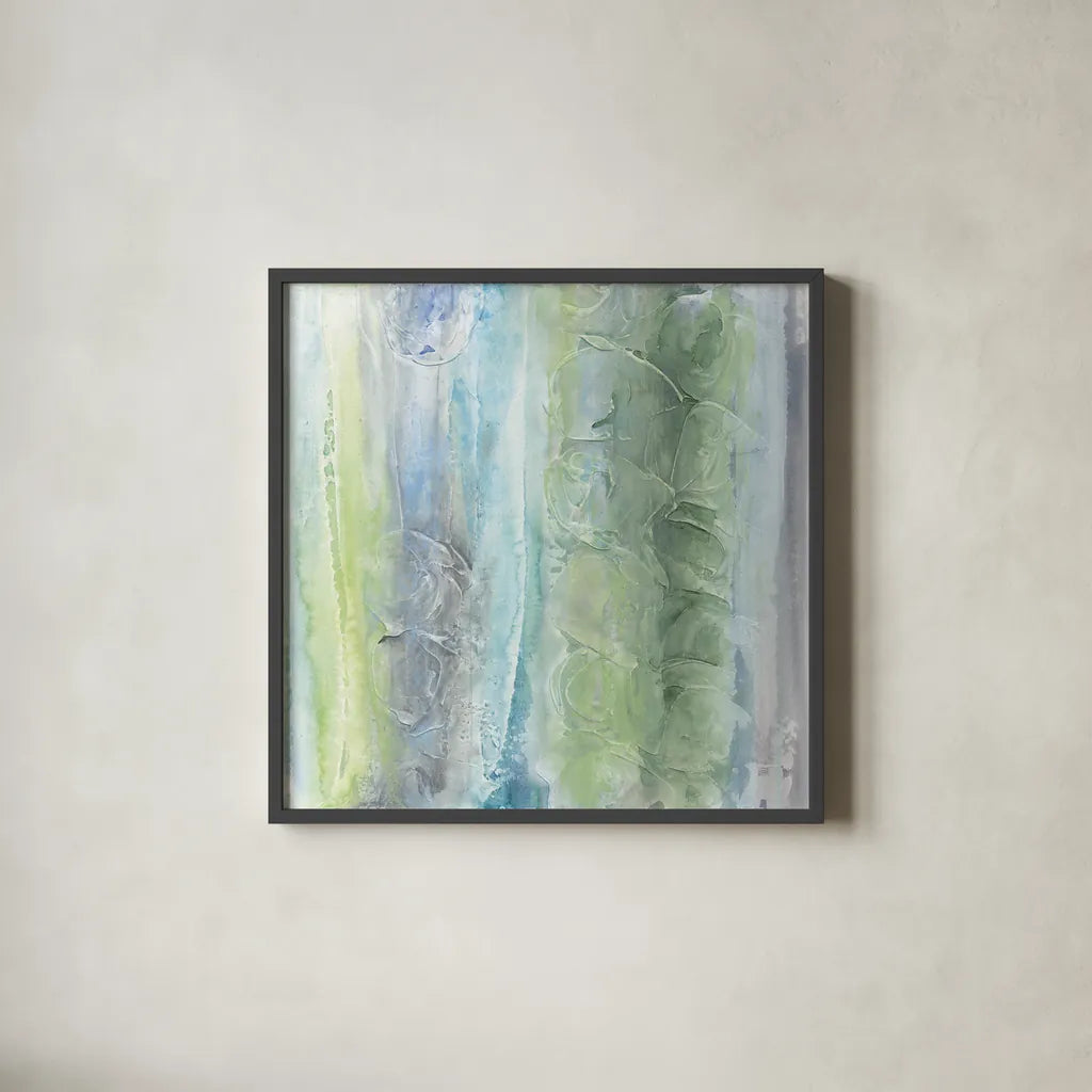 Aquatic and Green II by Chris Paschke. Shown in a sleek black glass frame for a contemporary gallery look. Available as an archival giclee rolled canvas, fine art paper, or poster print. SKU 95461a.