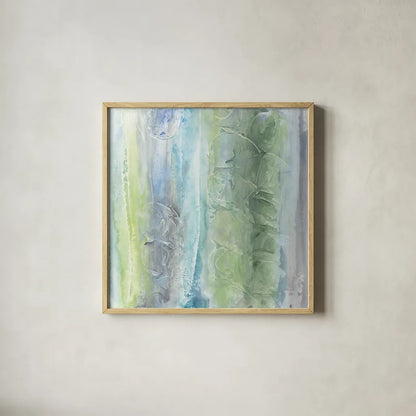 Aquatic and Green II by Chris Paschke. Shown in a natural wood glass frame for a timeless modern aesthetic. Available as an archival giclee rolled canvas, fine art paper, or poster print. SKU 95461a.