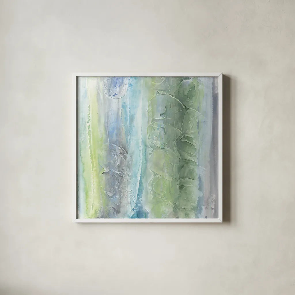 Aquatic and Green II by Chris Paschke. Shown in a crisp white glass frame for a clean and minimalist style. Available as an archival giclee rolled canvas, fine art paper, or poster print. SKU 95461a.