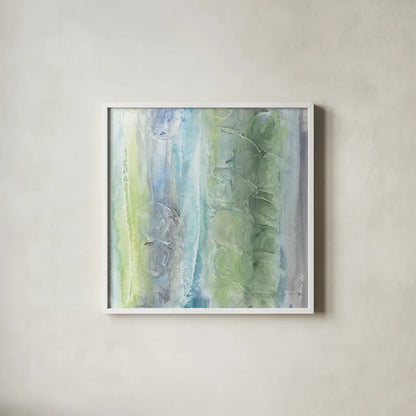 Aquatic and Green II by Chris Paschke. Shown in a crisp white glass frame for a clean and minimalist style. Available as an archival giclee rolled canvas, fine art paper, or poster print. SKU 95461a.