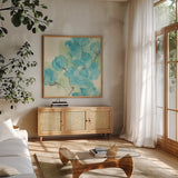 Arabian Jasmine I by Chris Paschke. Shown in a natural wood frame in a cozy modern living room. Available as an archival giclee rolled canvas, fine art paper, or poster print. SKU 50265a.