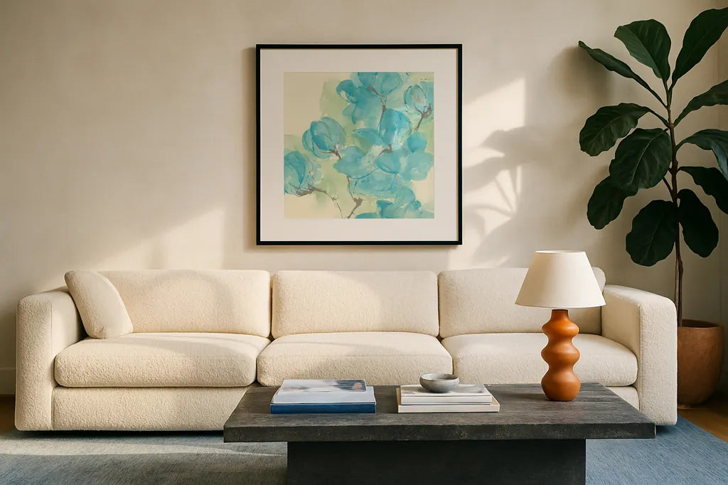 Arabian Jasmine I by Chris Paschke. Displayed in a glass frame with matte in a clean modern living room. Available as an archival giclee rolled canvas, fine art paper, or poster print. SKU 50265a.