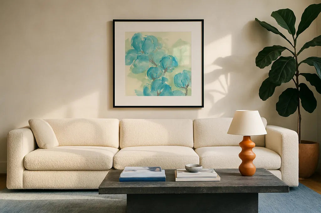 Arabian Jasmine II by Chris Paschke. Displayed in a glass frame with matte in a clean modern living room. Available as an archival giclee rolled canvas, fine art paper, or poster print. SKU 50266a.