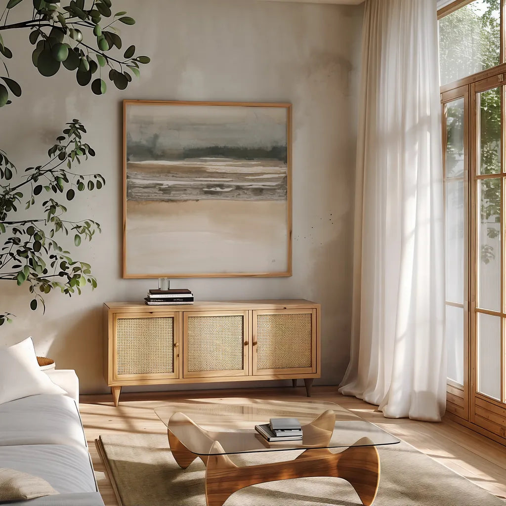 Arctic Thaw I by Chris Paschke. Shown in a natural wood frame in a cozy modern living room. Available as an archival giclee rolled canvas, fine art paper, or poster print. SKU 78553a.