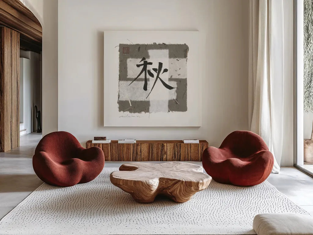 Asian Autumn by Chris Paschke. Shown as extra-large giant wall art in a modern living room. Available as an archival giclee rolled canvas, fine art paper, or poster print. SKU 1422a.