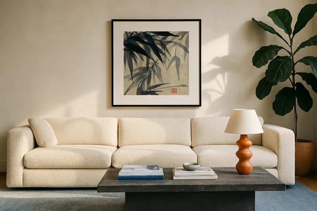 Asian Grass IV by Chris Paschke. Displayed in a glass frame with matte in a clean modern living room. Available as an archival giclee rolled canvas, fine art paper, or poster print. SKU 39780a.