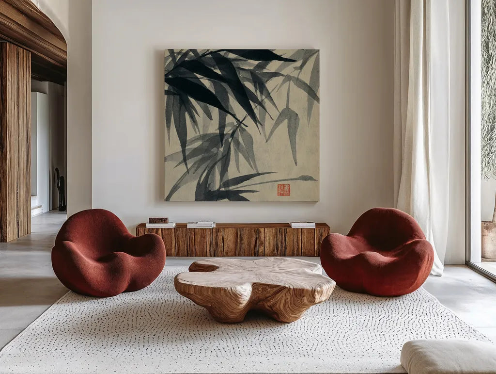 Asian Grass IV by Chris Paschke. Shown as extra-large giant wall art in a modern living room. Available as an archival giclee rolled canvas, fine art paper, or poster print. SKU 39780a.