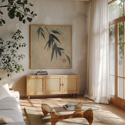 Asian Grass VI by Chris Paschke. Shown in a natural wood frame in a cozy modern living room. Available as an archival giclee rolled canvas, fine art paper, or poster print. SKU 39781a.