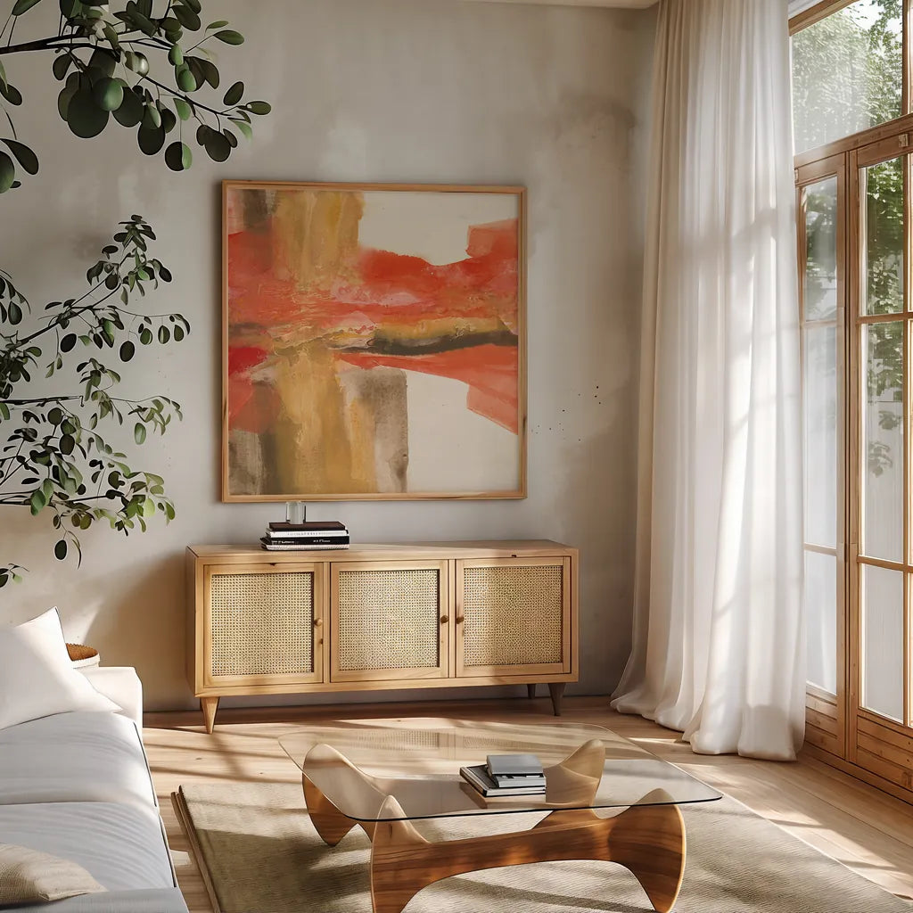 Autumn Patterns II by Chris Paschke. Shown in a natural wood frame in a cozy modern living room. Available as an archival giclee rolled canvas, fine art paper, or poster print. SKU 19466a.