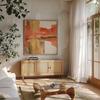 Autumn Patterns II by Chris Paschke. Shown in a natural wood frame in a cozy modern living room. Available as an archival giclee rolled canvas, fine art paper, or poster print. SKU 19466a.