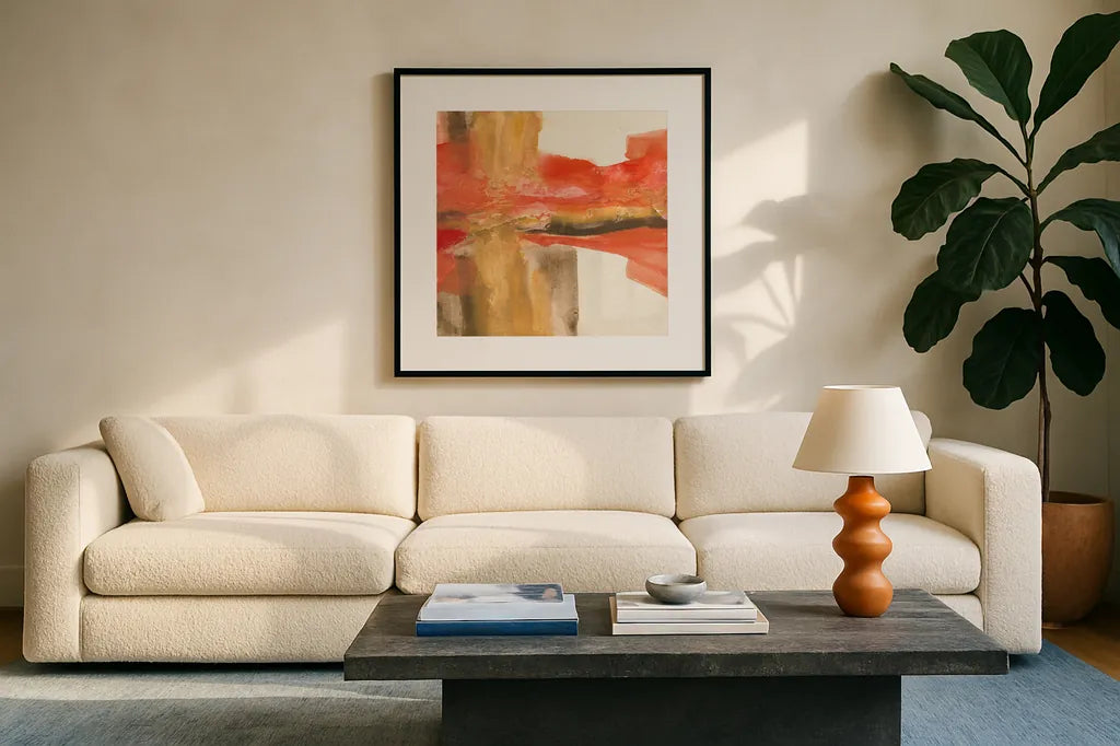 Autumn Patterns II by Chris Paschke. Displayed in a glass frame with matte in a clean modern living room. Available as an archival giclee rolled canvas, fine art paper, or poster print. SKU 19466a.