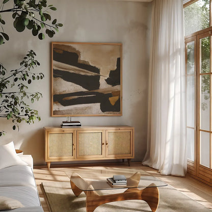 Avalanche I by Chris Paschke. Shown in a natural wood frame in a cozy modern living room. Available as an archival giclee rolled canvas, fine art paper, or poster print. SKU 95454a.