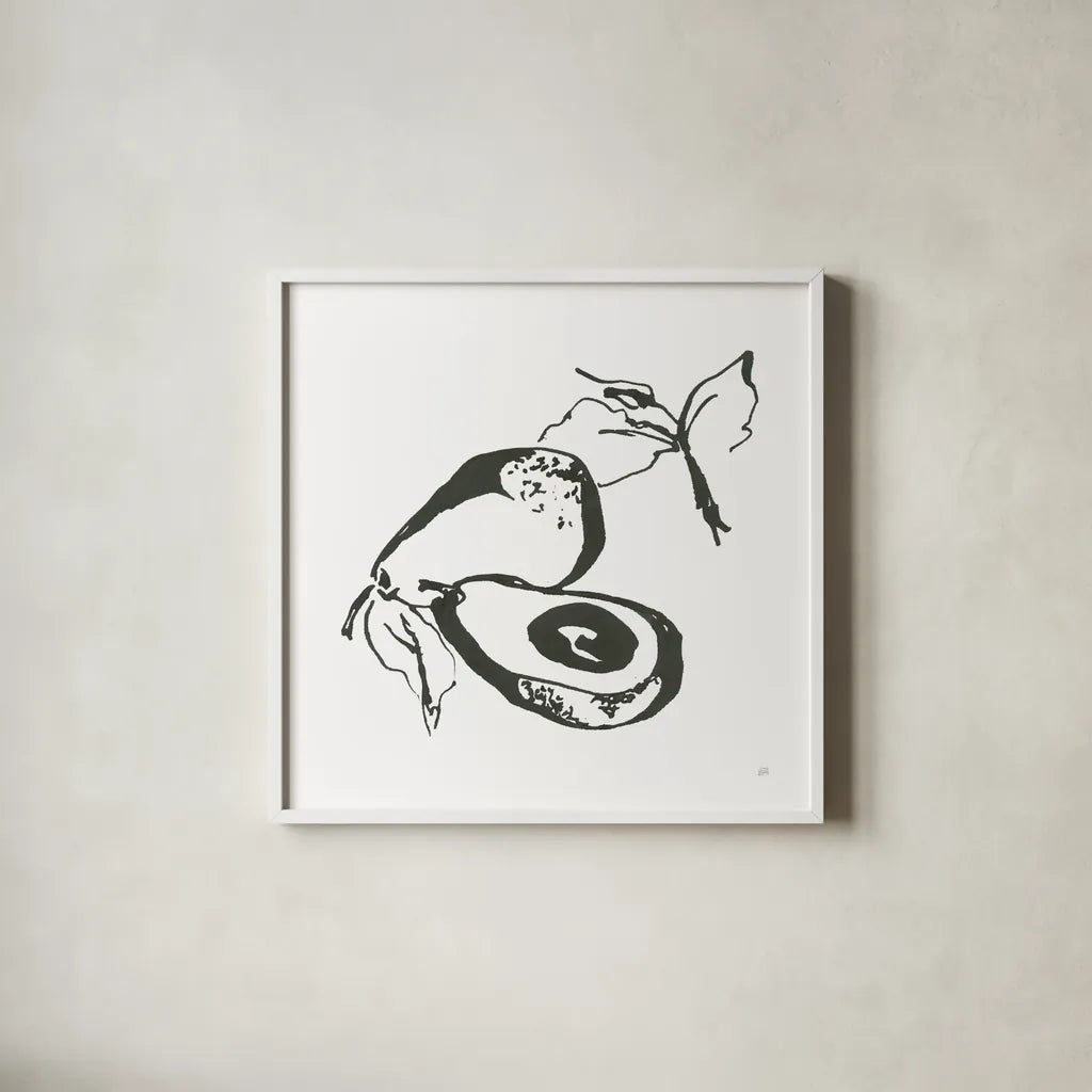 Avocado I BW by Chris Paschke. Shown in a crisp white glass frame for a clean and minimalist style. Available as an archival giclee rolled canvas, fine art paper, or poster print. SKU 64209a.