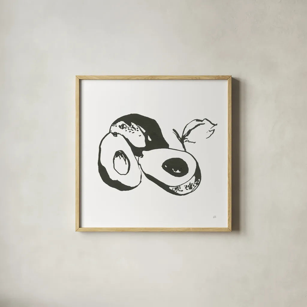 Avocado II BW by Chris Paschke. Shown in a natural wood glass frame for a timeless modern aesthetic. Available as an archival giclee rolled canvas, fine art paper, or poster print. SKU 64210a.