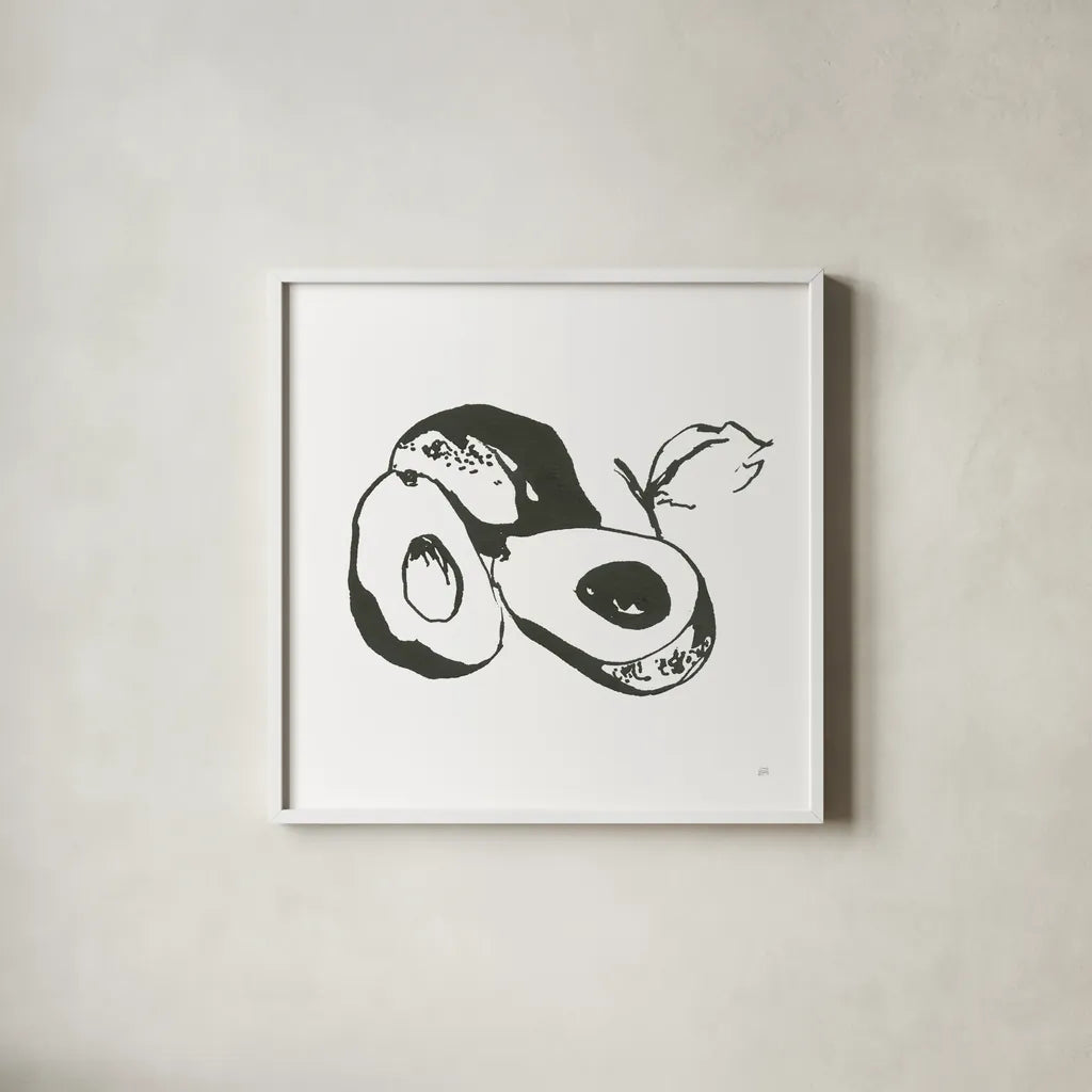 Avocado II BW by Chris Paschke. Shown in a crisp white glass frame for a clean and minimalist style. Available as an archival giclee rolled canvas, fine art paper, or poster print. SKU 64210a.