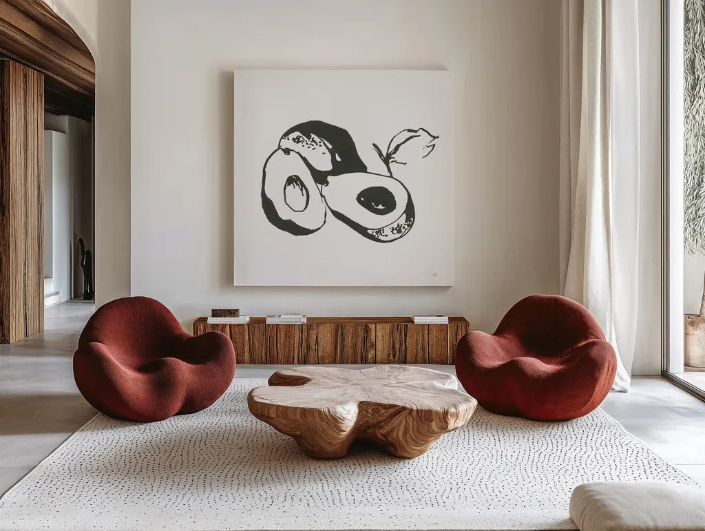 Avocado II BW by Chris Paschke. Shown as extra-large giant wall art in a modern living room. Available as an archival giclee rolled canvas, fine art paper, or poster print. SKU 64210a.