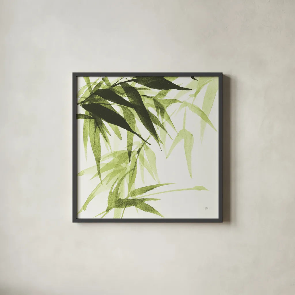 Bamboo IV Green by Chris Paschke. Shown in a sleek black glass frame for a contemporary gallery look. Available as an archival giclee rolled canvas, fine art paper, or poster print. SKU 58946a.