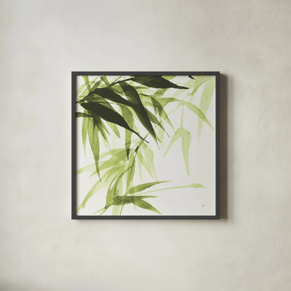 Bamboo IV Green by Chris Paschke. Shown in a sleek black glass frame for a contemporary gallery look. Available as an archival giclee rolled canvas, fine art paper, or poster print. SKU 58946a.