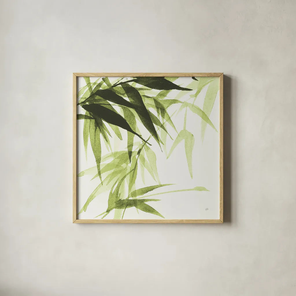 Bamboo IV Green by Chris Paschke. Shown in a natural wood glass frame for a timeless modern aesthetic. Available as an archival giclee rolled canvas, fine art paper, or poster print. SKU 58946a.