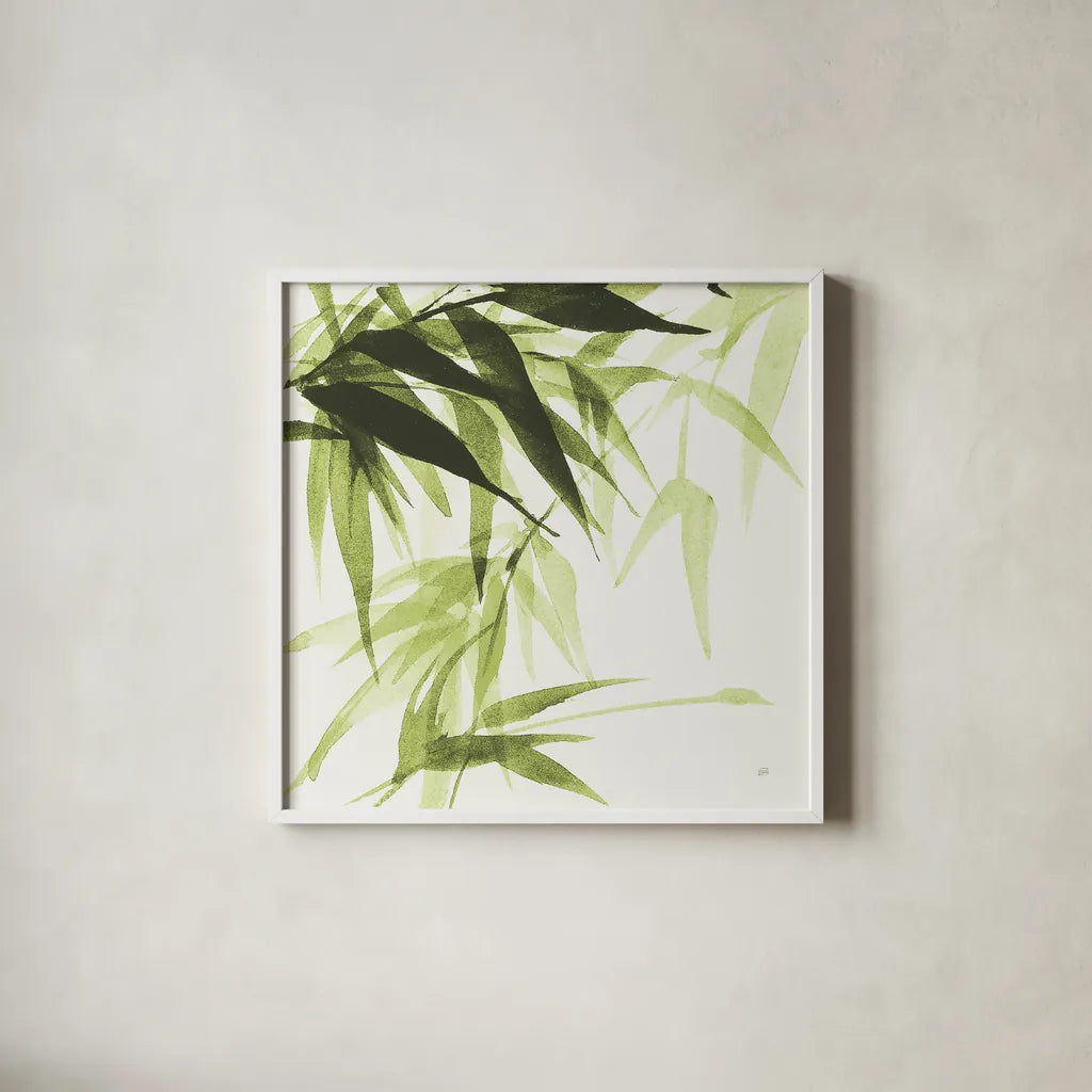 Bamboo IV Green by Chris Paschke. Shown in a crisp white glass frame for a clean and minimalist style. Available as an archival giclee rolled canvas, fine art paper, or poster print. SKU 58946a.