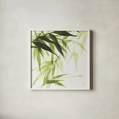 Bamboo IV Green by Chris Paschke. Shown in a crisp white glass frame for a clean and minimalist style. Available as an archival giclee rolled canvas, fine art paper, or poster print. SKU 58946a.