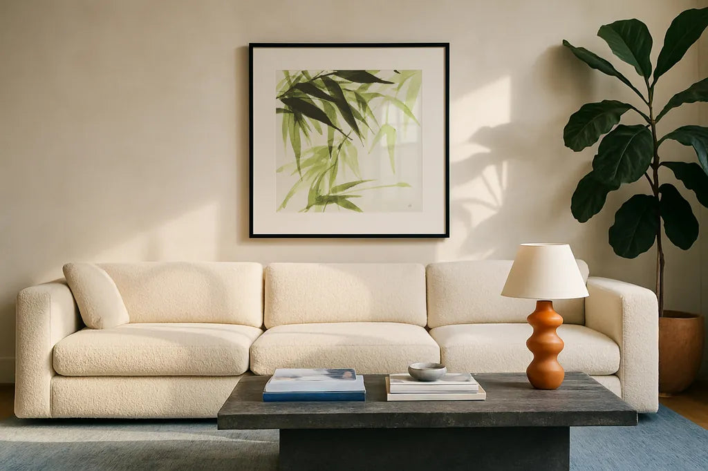 Bamboo IV Green by Chris Paschke. Displayed in a glass frame with matte in a clean modern living room. Available as an archival giclee rolled canvas, fine art paper, or poster print. SKU 58946a.