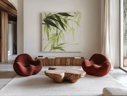 Bamboo IV Green by Chris Paschke. Shown as extra-large giant wall art in a modern living room. Available as an archival giclee rolled canvas, fine art paper, or poster print. SKU 58946a.