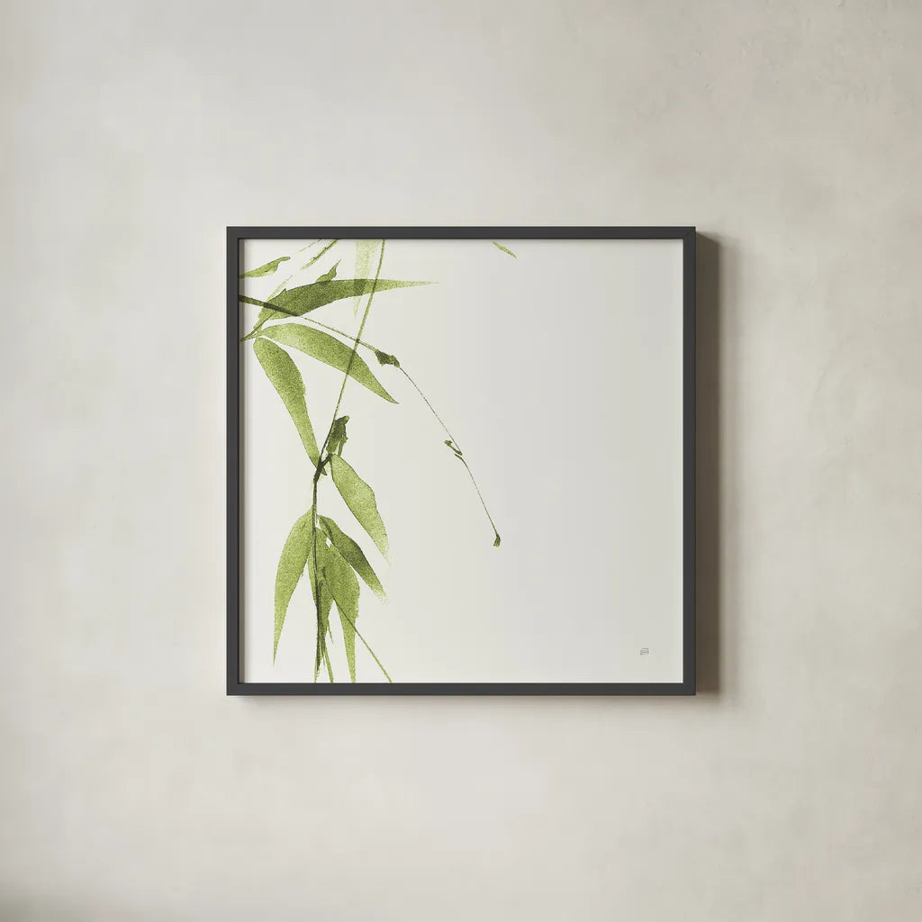 Bamboo V Green by Chris Paschke. Shown in a sleek black glass frame for a contemporary gallery look. Available as an archival giclee rolled canvas, fine art paper, or poster print. SKU 58947a.