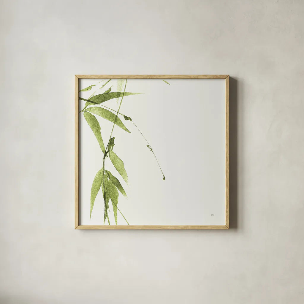 Bamboo V Green by Chris Paschke. Shown in a natural wood glass frame for a timeless modern aesthetic. Available as an archival giclee rolled canvas, fine art paper, or poster print. SKU 58947a.