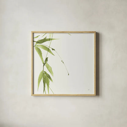 Bamboo V Green by Chris Paschke. Shown in a natural wood glass frame for a timeless modern aesthetic. Available as an archival giclee rolled canvas, fine art paper, or poster print. SKU 58947a.