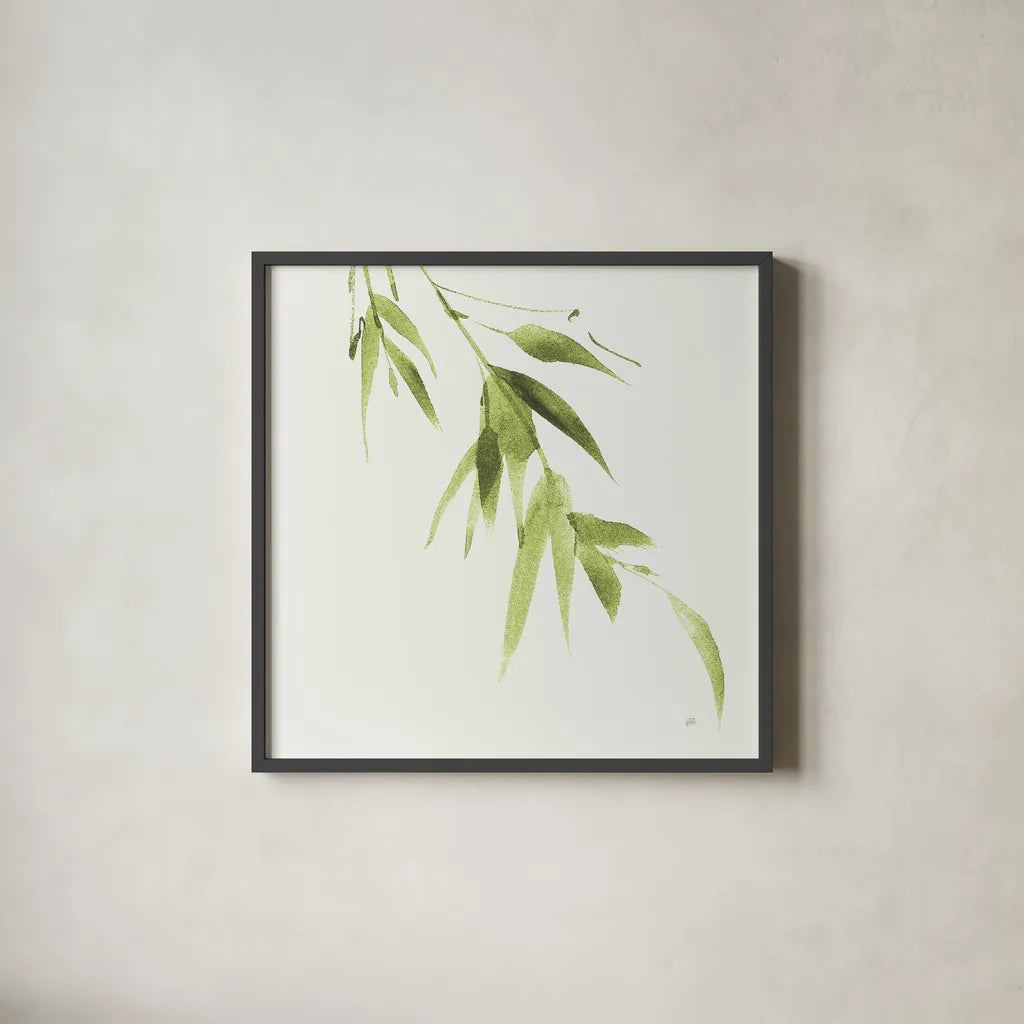 Bamboo VI Green by Chris Paschke. Shown in a sleek black glass frame for a contemporary gallery look. Available as an archival giclee rolled canvas, fine art paper, or poster print. SKU 58948a.
