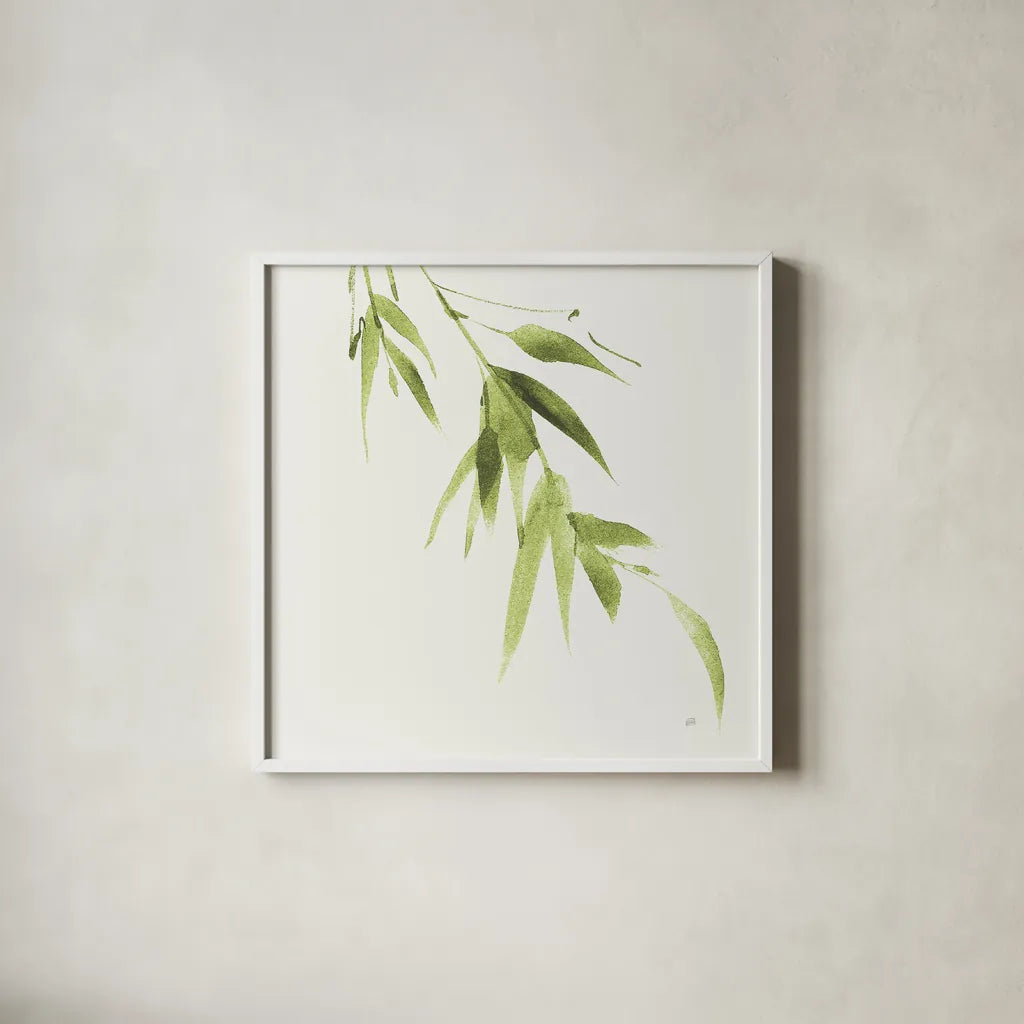 Bamboo VI Green by Chris Paschke. Shown in a crisp white glass frame for a clean and minimalist style. Available as an archival giclee rolled canvas, fine art paper, or poster print. SKU 58948a.