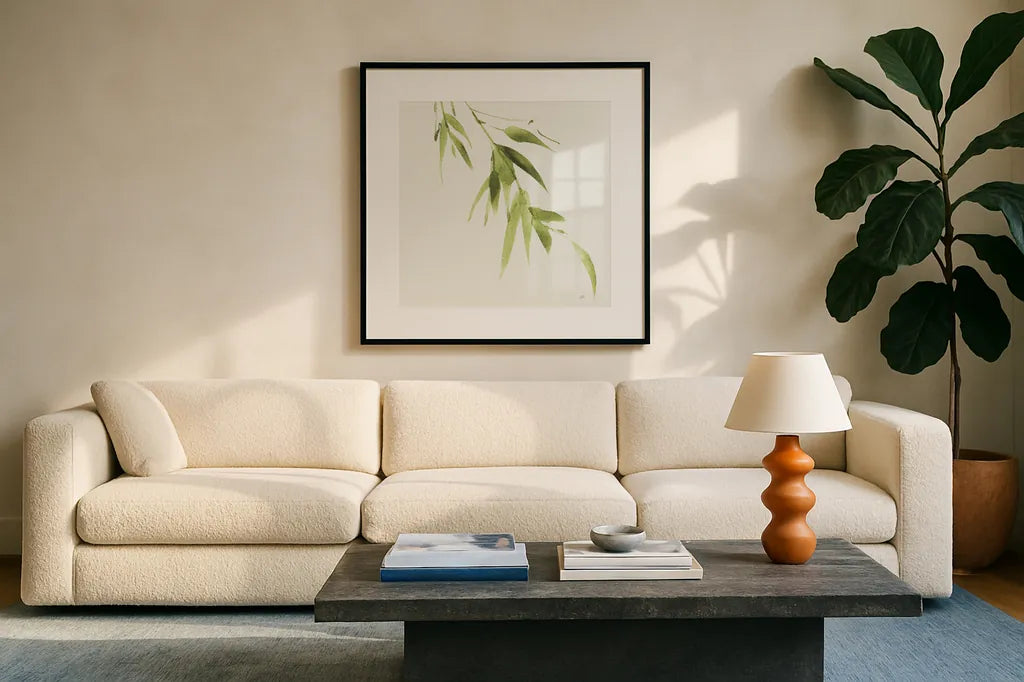 Bamboo VI Green by Chris Paschke. Displayed in a glass frame with matte in a clean modern living room. Available as an archival giclee rolled canvas, fine art paper, or poster print. SKU 58948a.