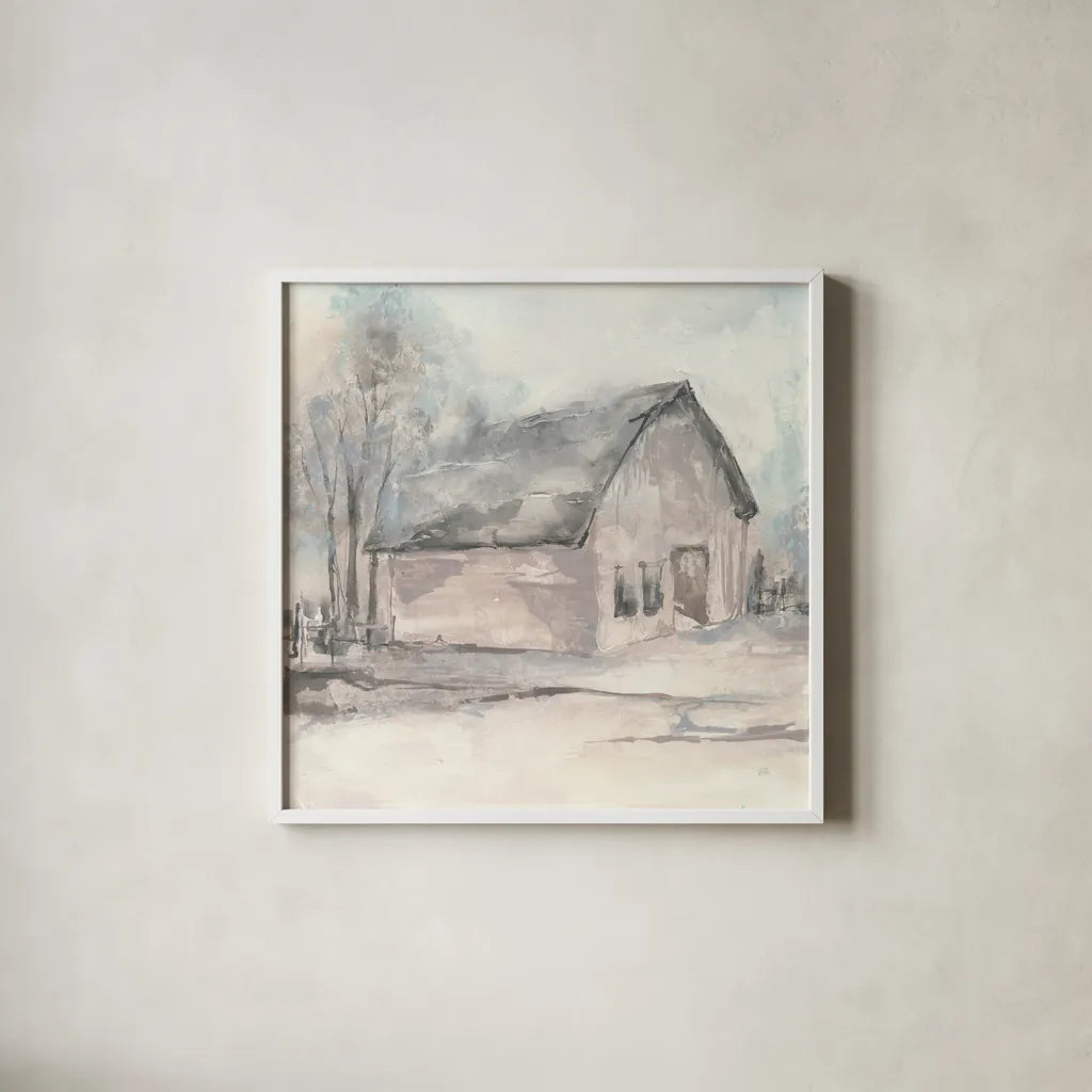 Barn I by Chris Paschke. Shown in a crisp white glass frame for a clean and minimalist style. Available as an archival giclee rolled canvas, fine art paper, or poster print. SKU 46690a.