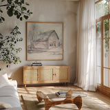 Barn I by Chris Paschke. Shown in a natural wood frame in a cozy modern living room. Available as an archival giclee rolled canvas, fine art paper, or poster print. SKU 46690a.