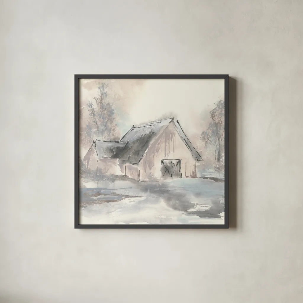 Barn II by Chris Paschke. Shown in a sleek black glass frame for a contemporary gallery look. Available as an archival giclee rolled canvas, fine art paper, or poster print. SKU 46691a.