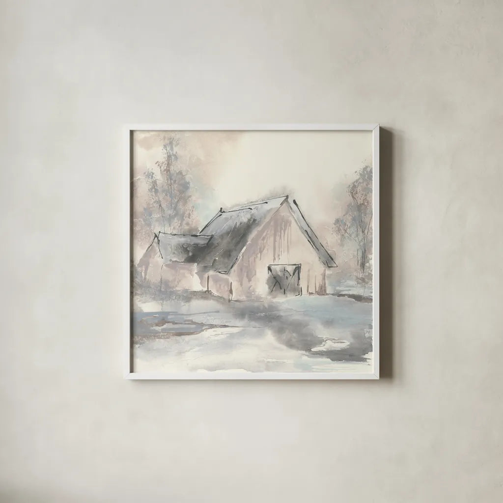 Barn II by Chris Paschke. Shown in a crisp white glass frame for a clean and minimalist style. Available as an archival giclee rolled canvas, fine art paper, or poster print. SKU 46691a.