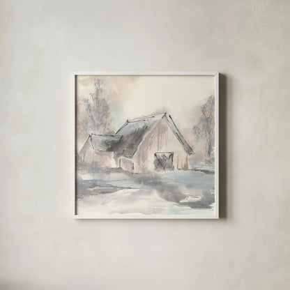 Barn II by Chris Paschke. Shown in a crisp white glass frame for a clean and minimalist style. Available as an archival giclee rolled canvas, fine art paper, or poster print. SKU 46691a.