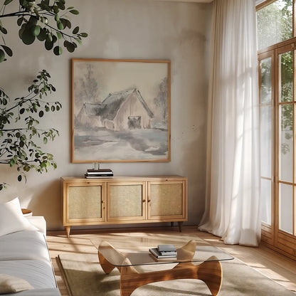 Barn II by Chris Paschke. Shown in a natural wood frame in a cozy modern living room. Available as an archival giclee rolled canvas, fine art paper, or poster print. SKU 46691a.