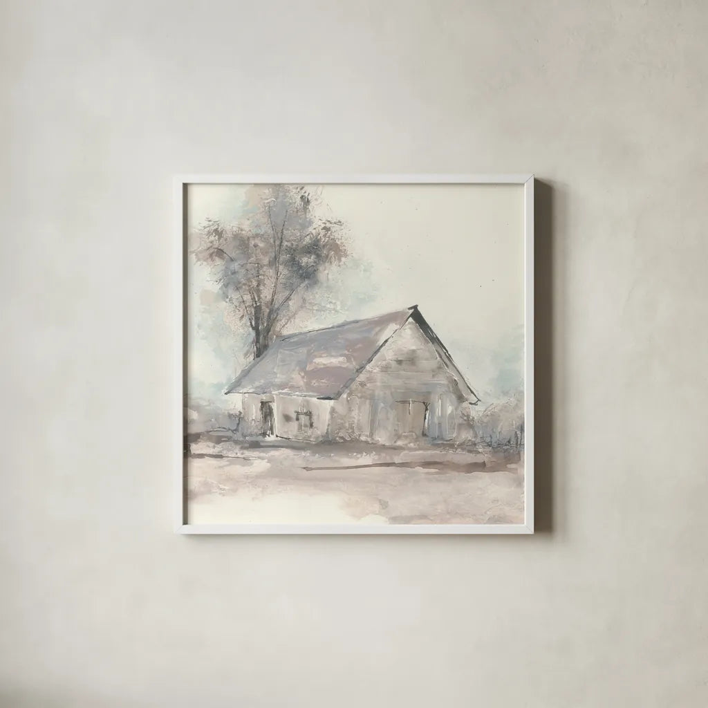 Barn III by Chris Paschke. Shown in a crisp white glass frame for a clean and minimalist style. Available as an archival giclee rolled canvas, fine art paper, or poster print. SKU 46692a.
