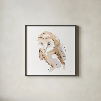 Barn Owl I by Chris Paschke. Shown in a sleek black glass frame for a contemporary gallery look. Available as an archival giclee rolled canvas, fine art paper, or poster print. SKU 66195a.