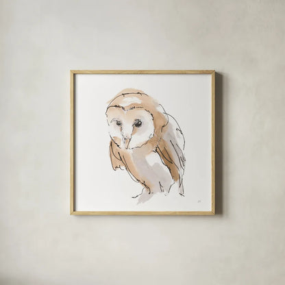 Barn Owl I by Chris Paschke. Shown in a natural wood glass frame for a timeless modern aesthetic. Available as an archival giclee rolled canvas, fine art paper, or poster print. SKU 66195a.