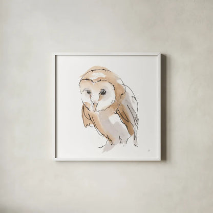 Barn Owl I by Chris Paschke. Shown in a crisp white glass frame for a clean and minimalist style. Available as an archival giclee rolled canvas, fine art paper, or poster print. SKU 66195a.