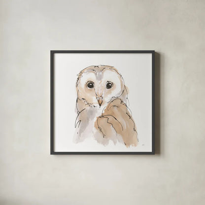 Barn Owl II by Chris Paschke. Shown in a sleek black glass frame for a contemporary gallery look. Available as an archival giclee rolled canvas, fine art paper, or poster print. SKU 66196a.