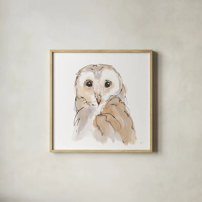 Barn Owl II by Chris Paschke. Shown in a natural wood glass frame for a timeless modern aesthetic. Available as an archival giclee rolled canvas, fine art paper, or poster print. SKU 66196a.