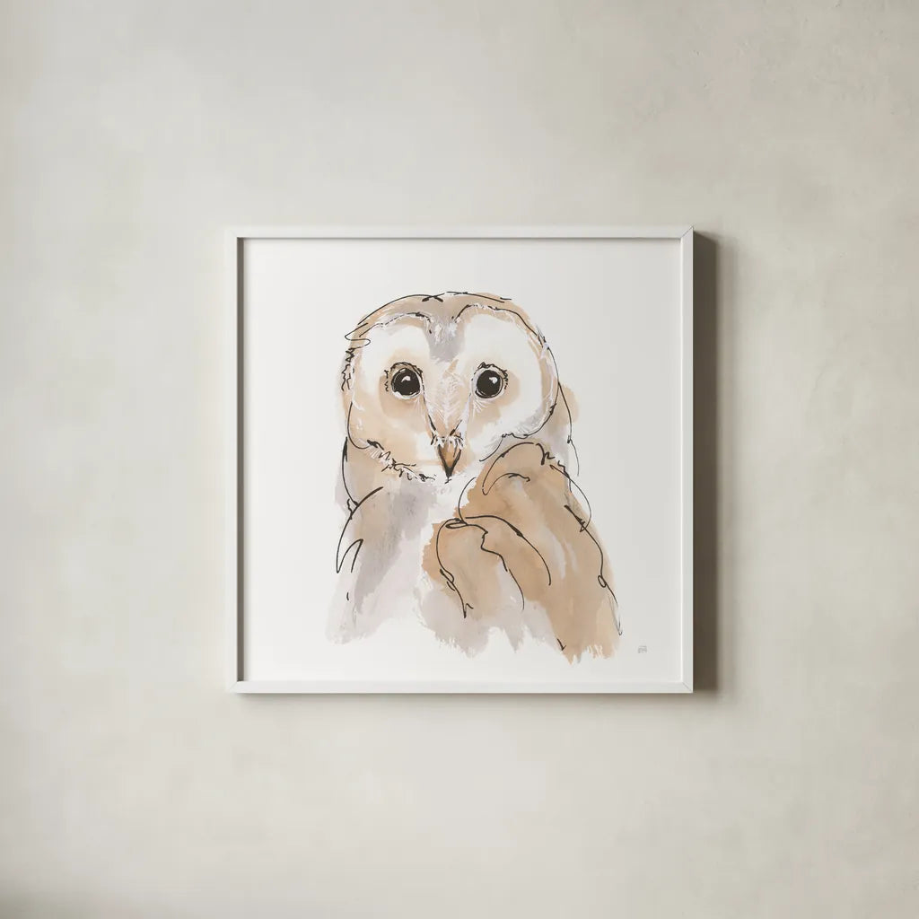 Barn Owl II by Chris Paschke. Shown in a crisp white glass frame for a clean and minimalist style. Available as an archival giclee rolled canvas, fine art paper, or poster print. SKU 66196a.