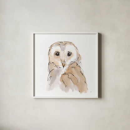 Barn Owl II by Chris Paschke. Shown in a crisp white glass frame for a clean and minimalist style. Available as an archival giclee rolled canvas, fine art paper, or poster print. SKU 66196a.