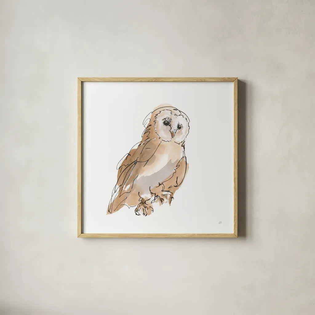 Barn Owl IV by Chris Paschke. Shown in a natural wood glass frame for a timeless modern aesthetic. Available as an archival giclee rolled canvas, fine art paper, or poster print. SKU 66198a.