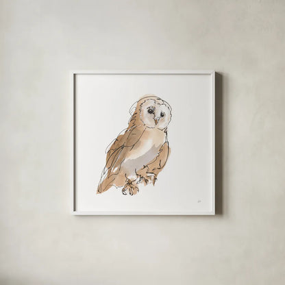 Barn Owl IV by Chris Paschke. Shown in a crisp white glass frame for a clean and minimalist style. Available as an archival giclee rolled canvas, fine art paper, or poster print. SKU 66198a.