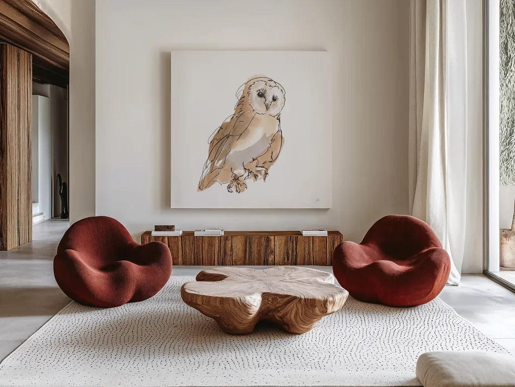 Barn Owl IV by Chris Paschke. Shown as extra-large giant wall art in a modern living room. Available as an archival giclee rolled canvas, fine art paper, or poster print. SKU 66198a.